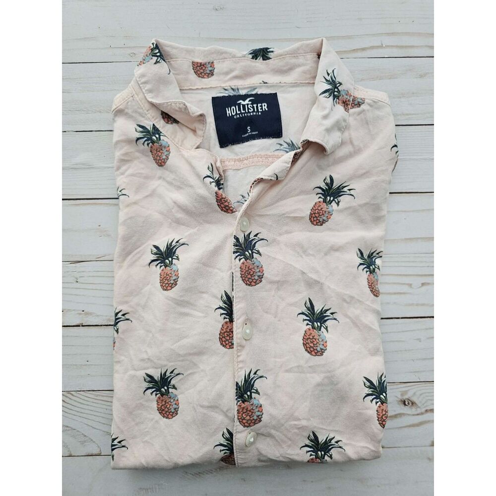 Hollister Men’s S Pineapple Print Button Up Shirt Pink Tropical Short Sleeve